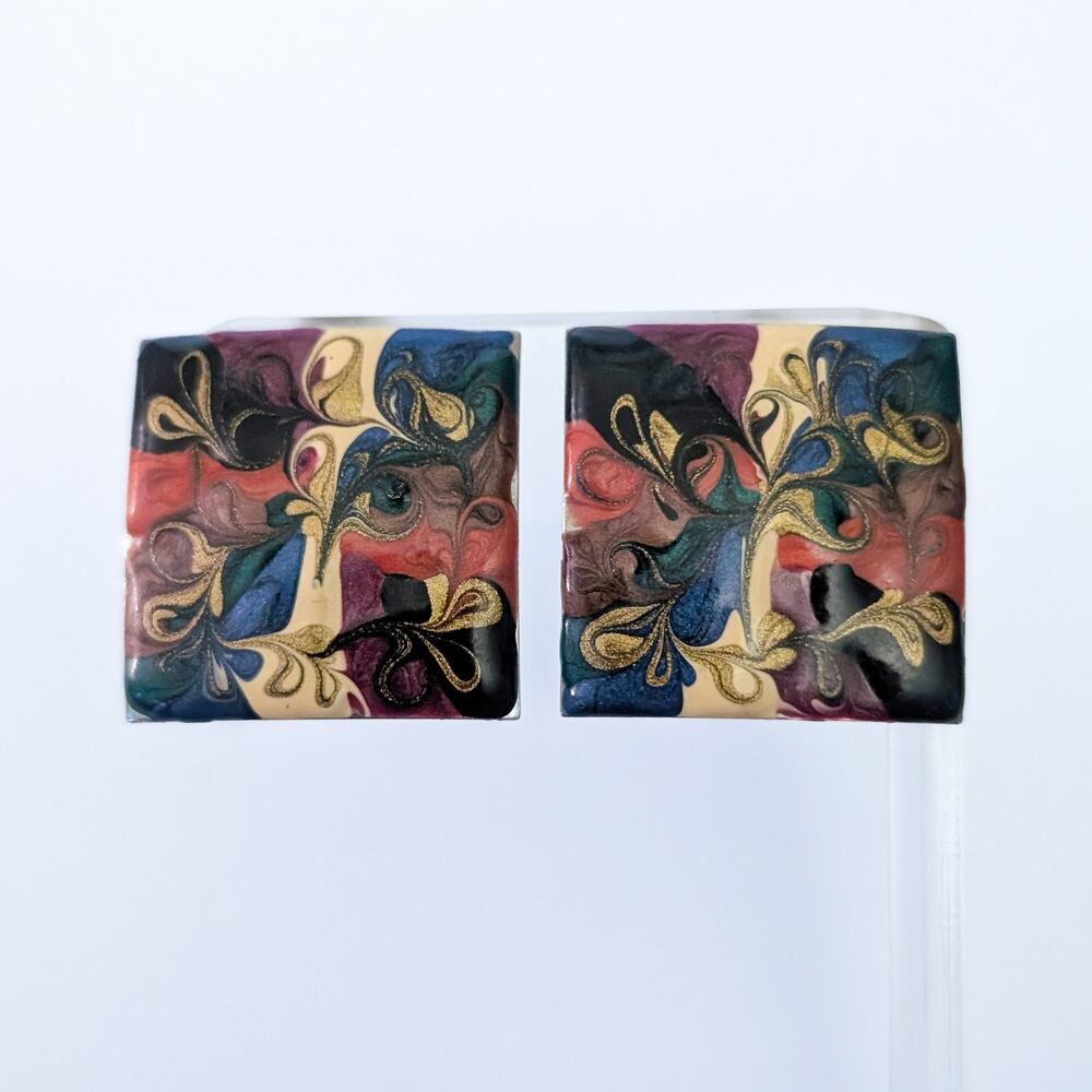 Vintage Clip On Earrings Enamel Large Square Multi Tone Statement